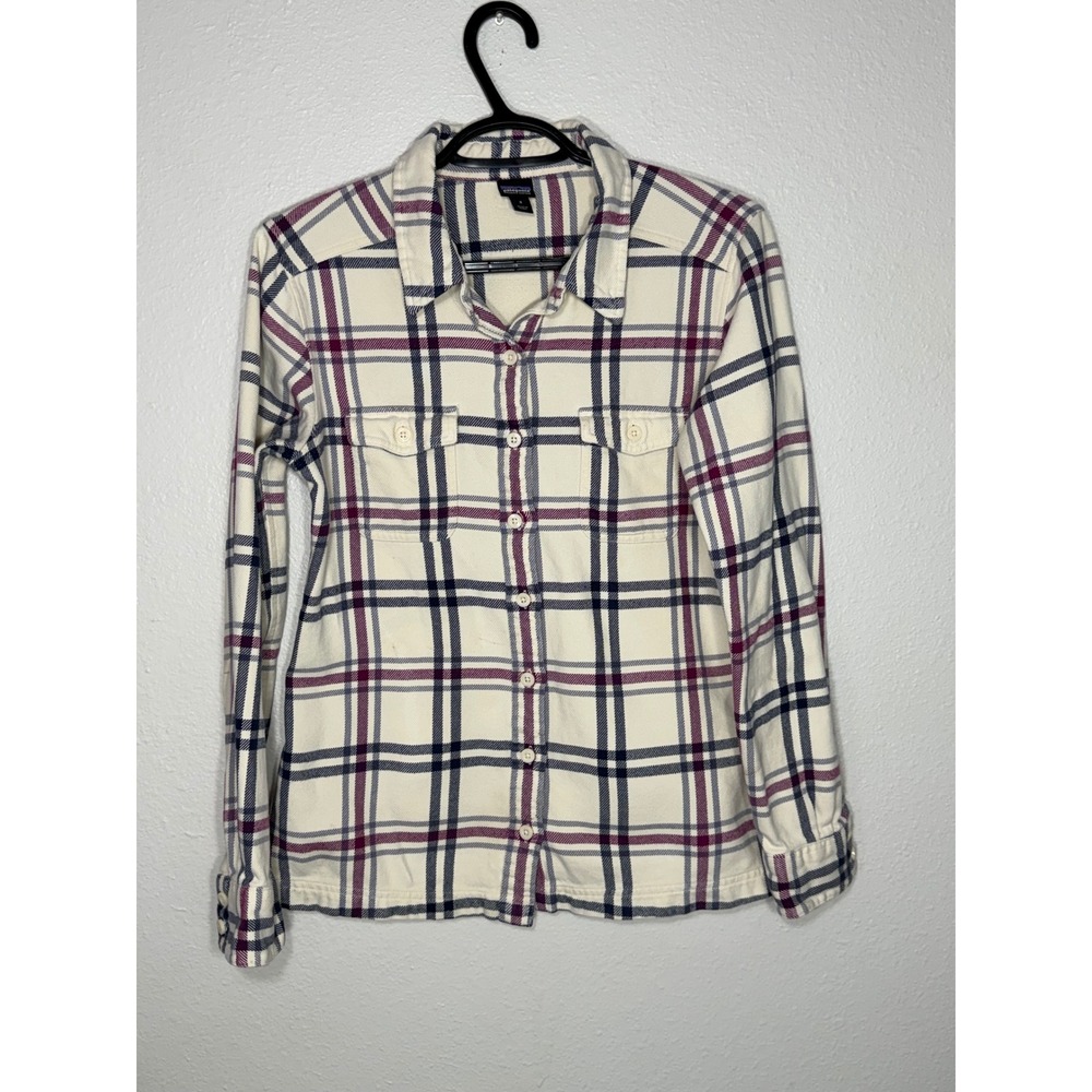 Patagonia Womens Organic Cotton Plaid Button Down Cream Navy Burgundy Size 8 - Picture 1 of 8